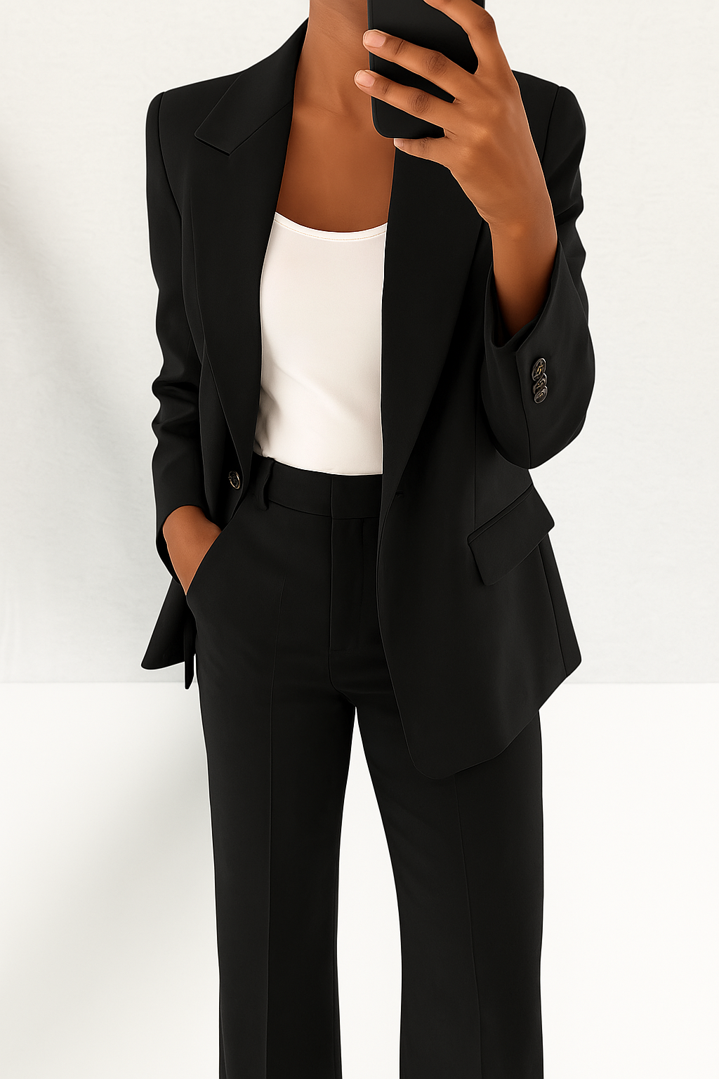 Black tailored blazer and matching trousers set with notch lapels and gold button.