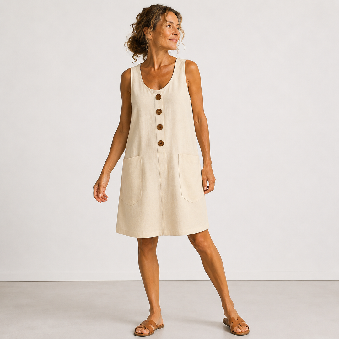 Beige sleeveless linen dress with button front and two front patch pockets, A-line.
