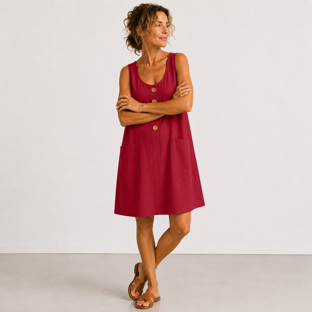 Red sleeveless linen dress with button front and side patch pockets, A-line skirt.