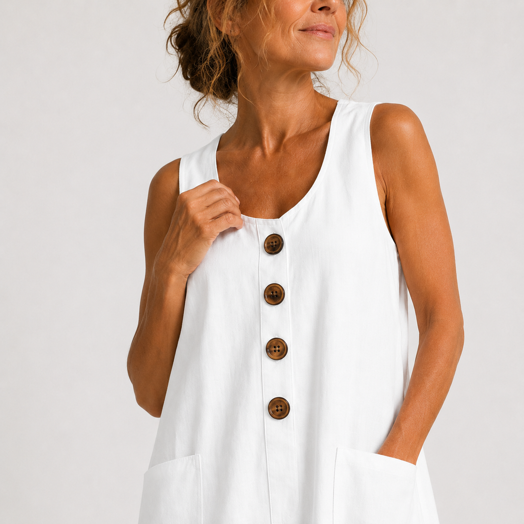 White sleeveless linen dress with square neckline, wooden button front, patch pockets.