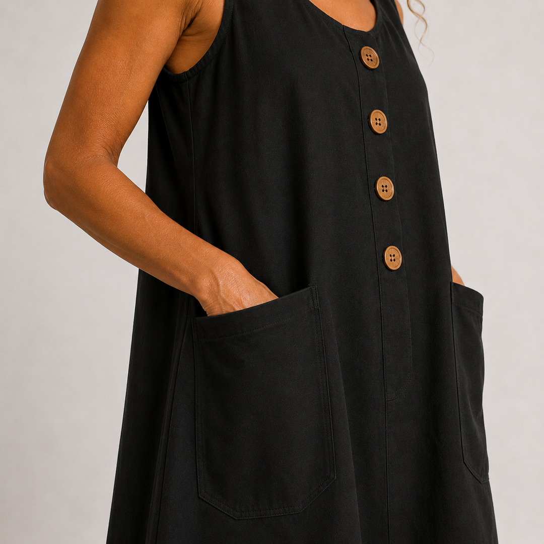 Black sleeveless linen dress close-up showing wooden buttons and large front patch pockets.