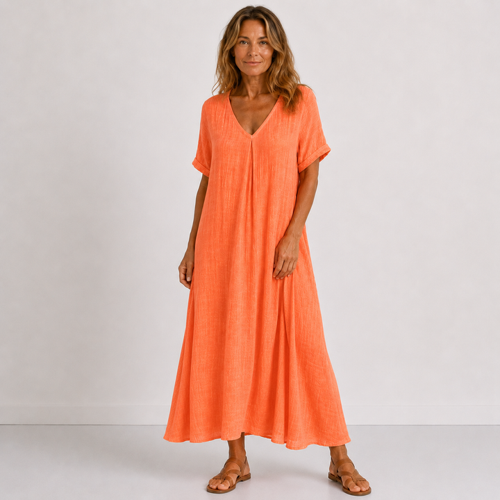 Orange linen V-neck midi dress with short sleeves, button front, and flared skirt