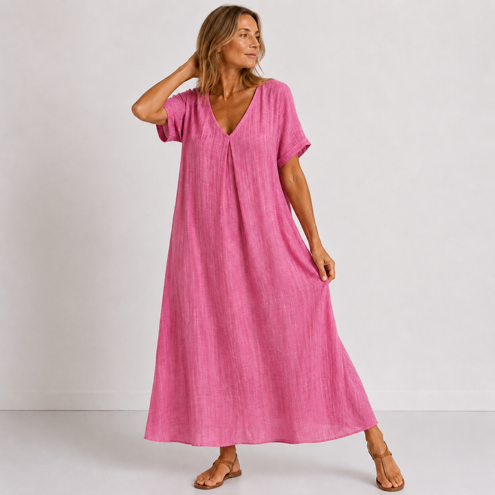 Pink linen V-neck dress with short sleeves, relaxed fit, midi length