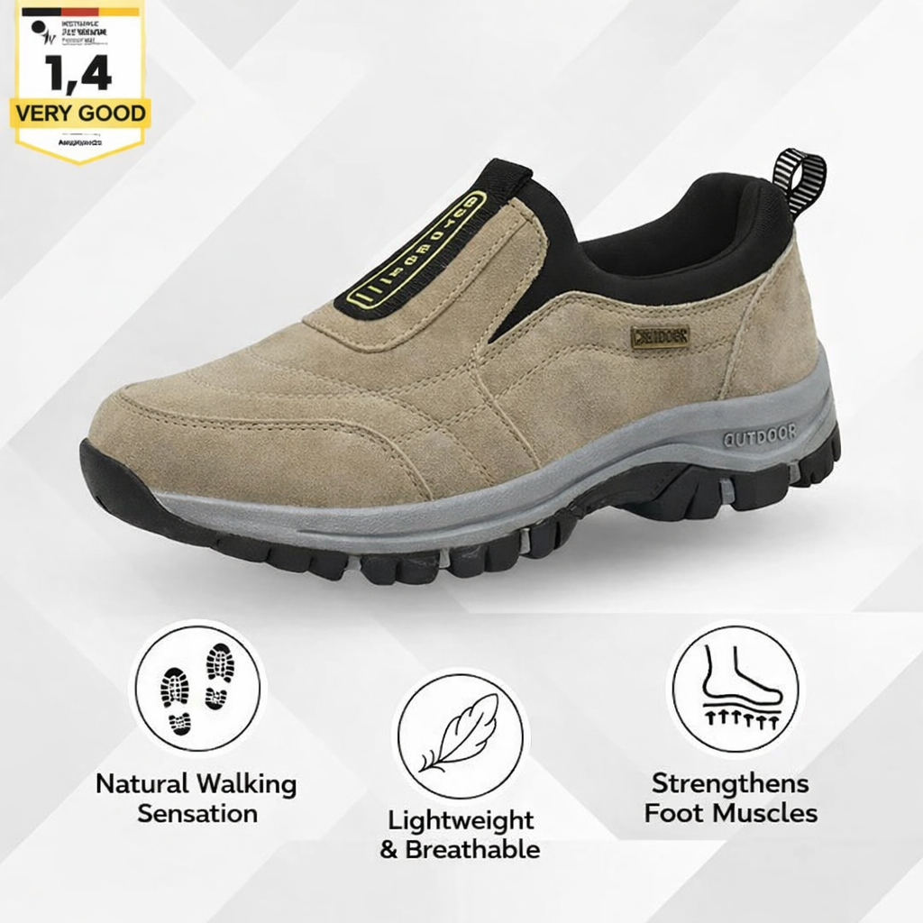 Beige unisex trail slip-on sneaker with rugged tread sole and side logo patch