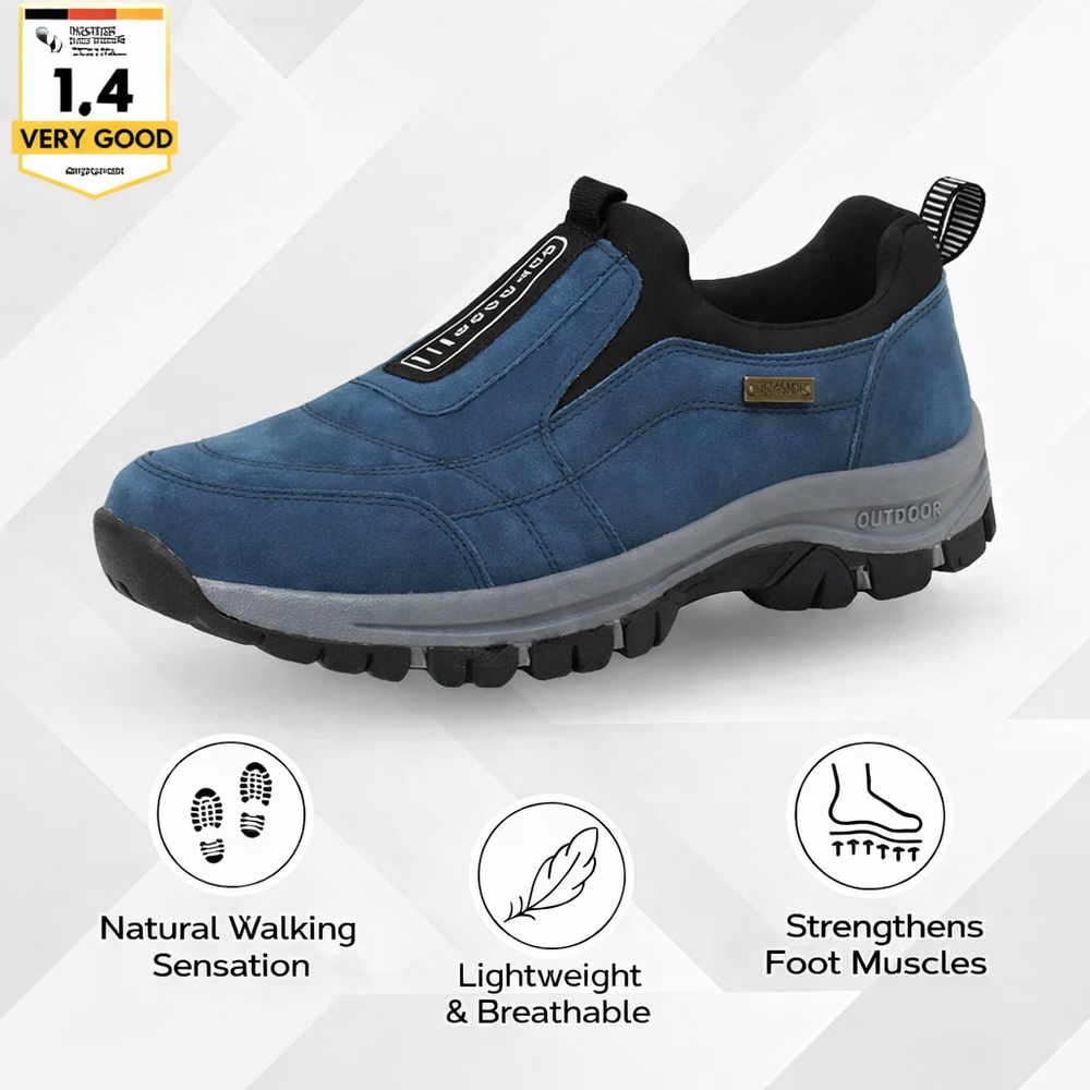 Blue suede unisex trail slip-on sneaker with cushioned sole and side logo patch