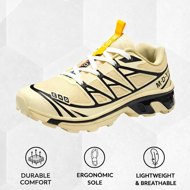 Women’s lace-up walking sneaker, beige upper with black patterning and yellow loop detail