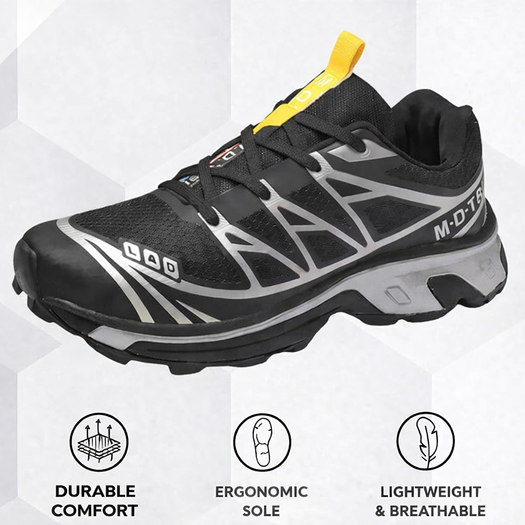 Women’s lace-up walking sneaker in black with gray accents and yellow pull tab