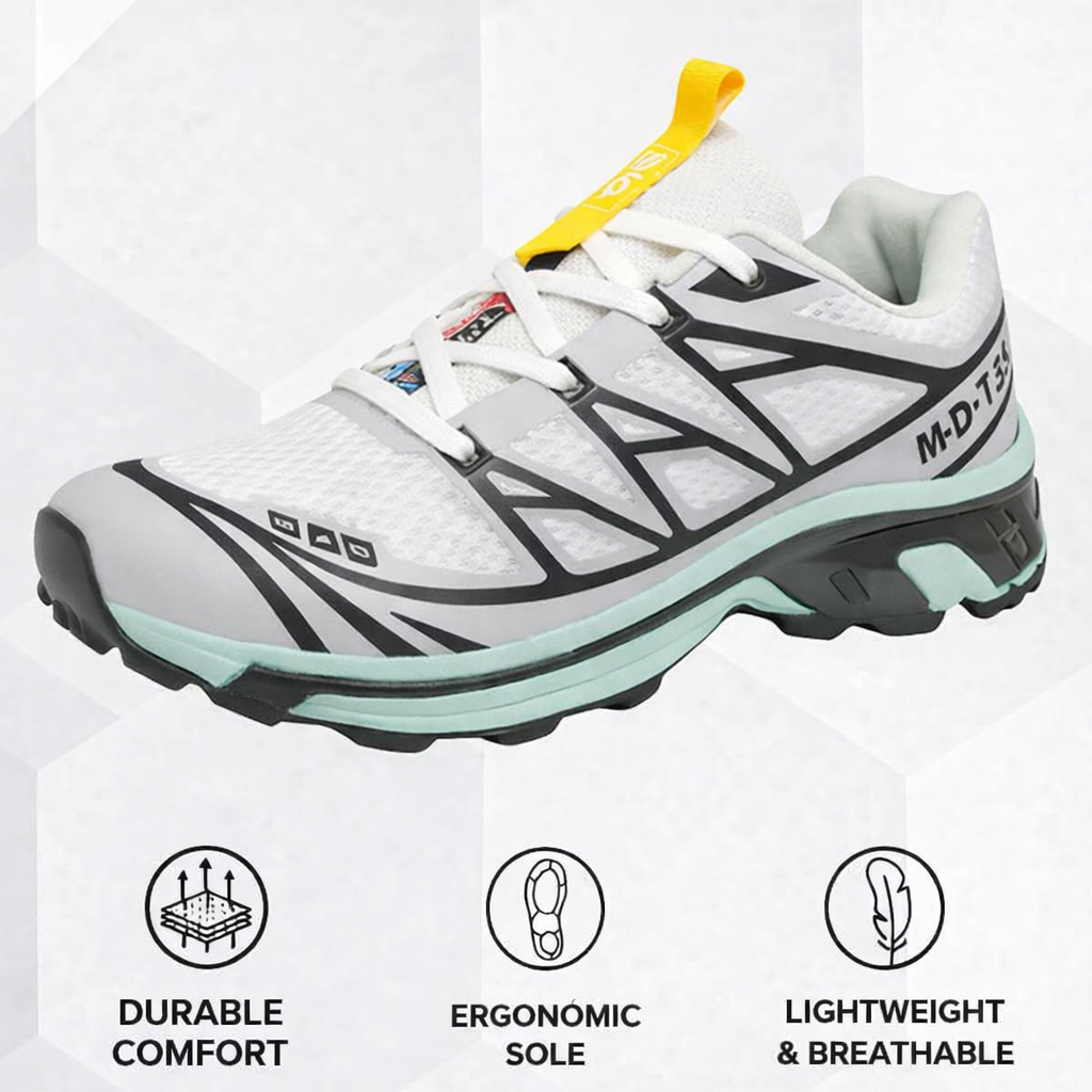 Women’s lace-up walking sneaker in light gray/white with black pattern and teal sole