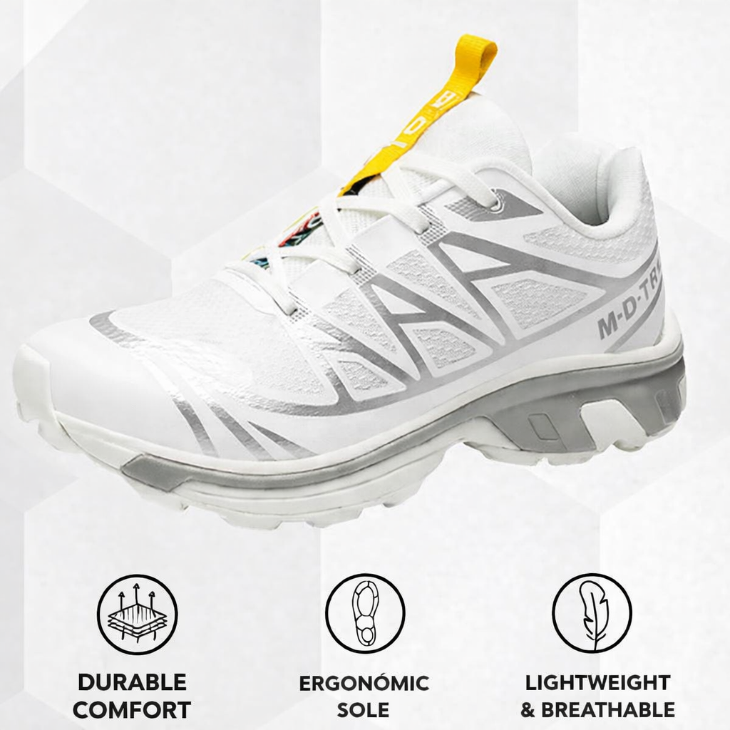 Women’s lace-up walking sneaker in white with black geometric design and yellow pull tab