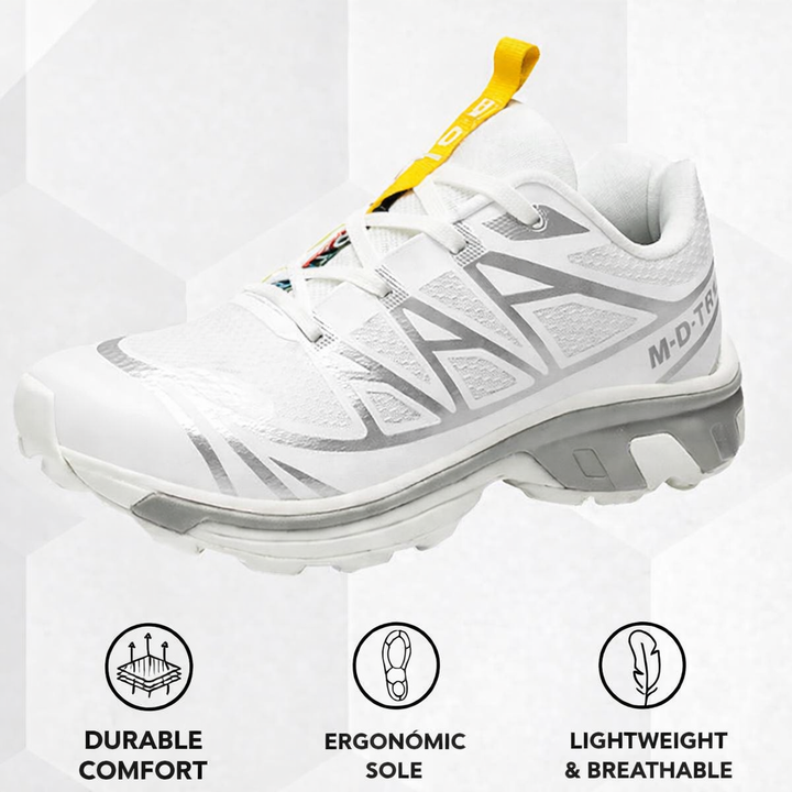 Women’s lace-up walking sneaker in white with black geometric design and yellow pull tab