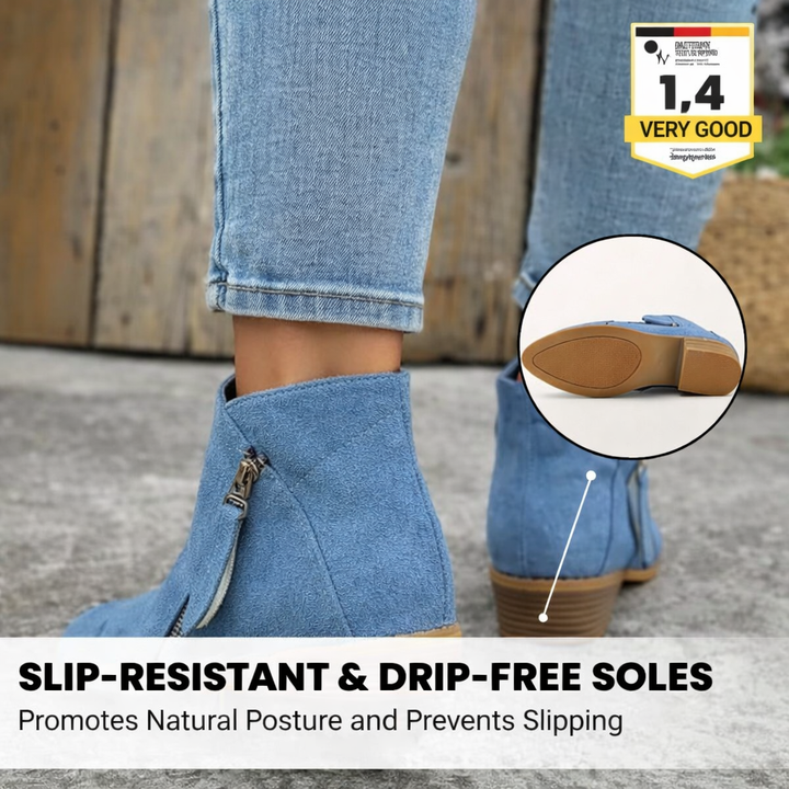 Blue suede ankle boot with side zipper and slip-resistant sole