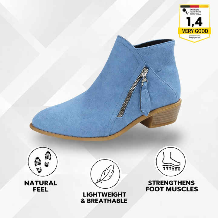 Blue suede ankle boot with side zipper and low block heel