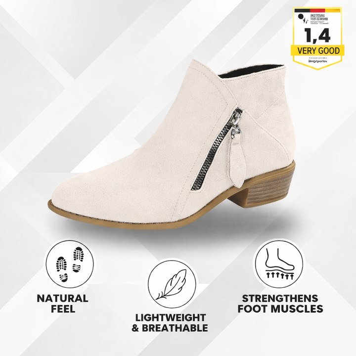 Beige suede ankle boot with side zipper and low block heel