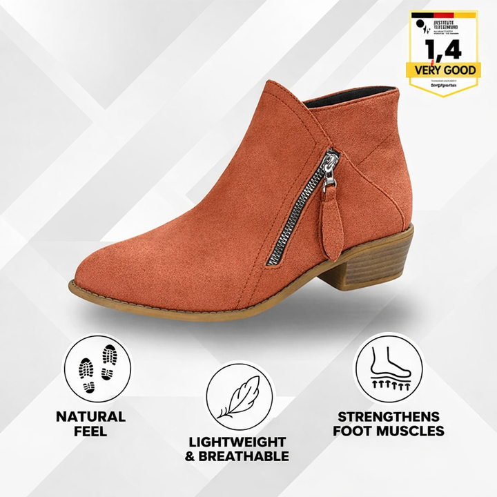 Orange suede ankle boot with side zipper and low block heel