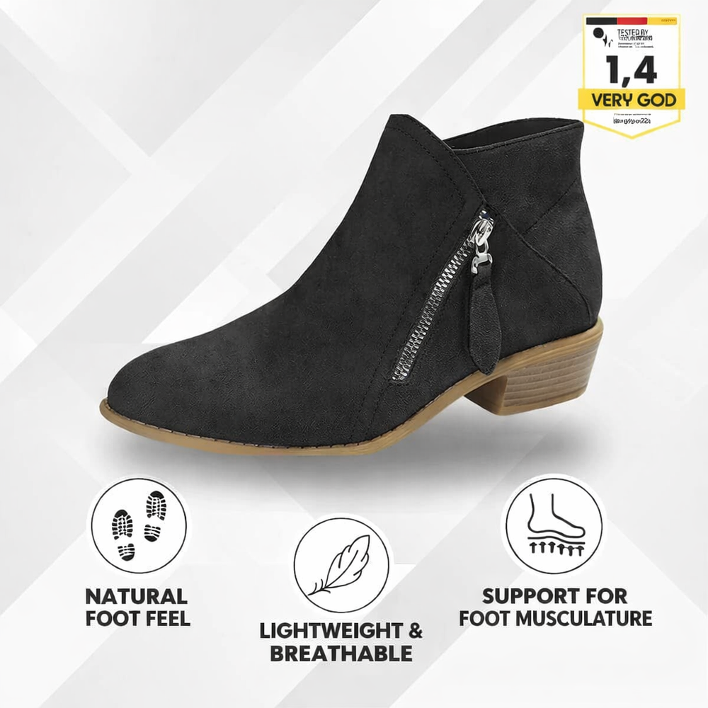 Black suede ankle boot with side zipper and low block heel