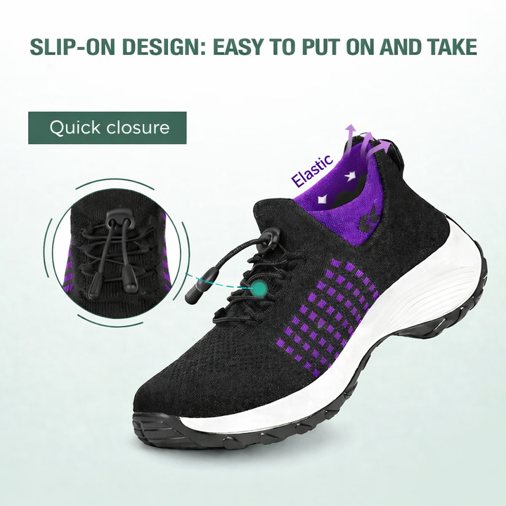 Black slip-on walking sneaker with purple knit stripe and white cushioned sole