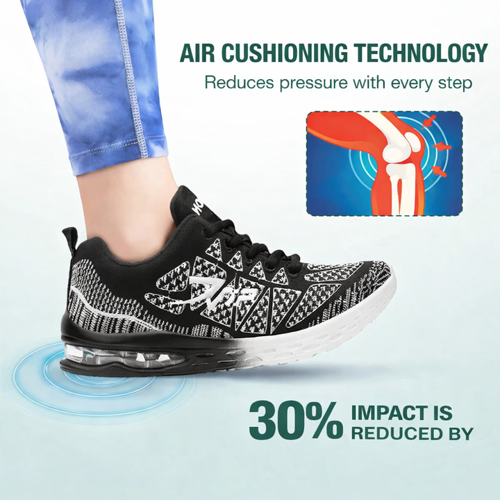 Black-and-white lace-up walking sneakers with cushioned sole and textured tread
