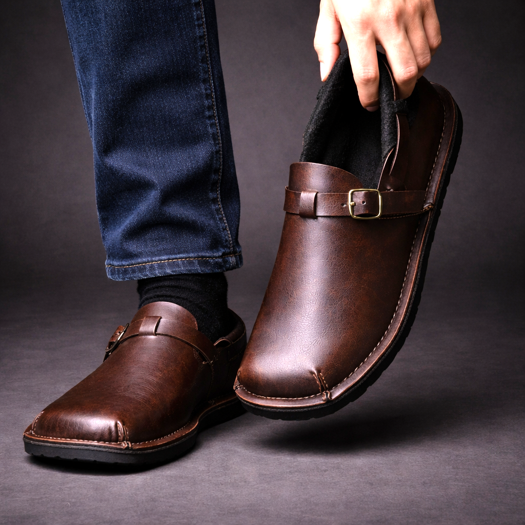 Brown leather loafers with buckle strap, shown being worn with jeans and socks