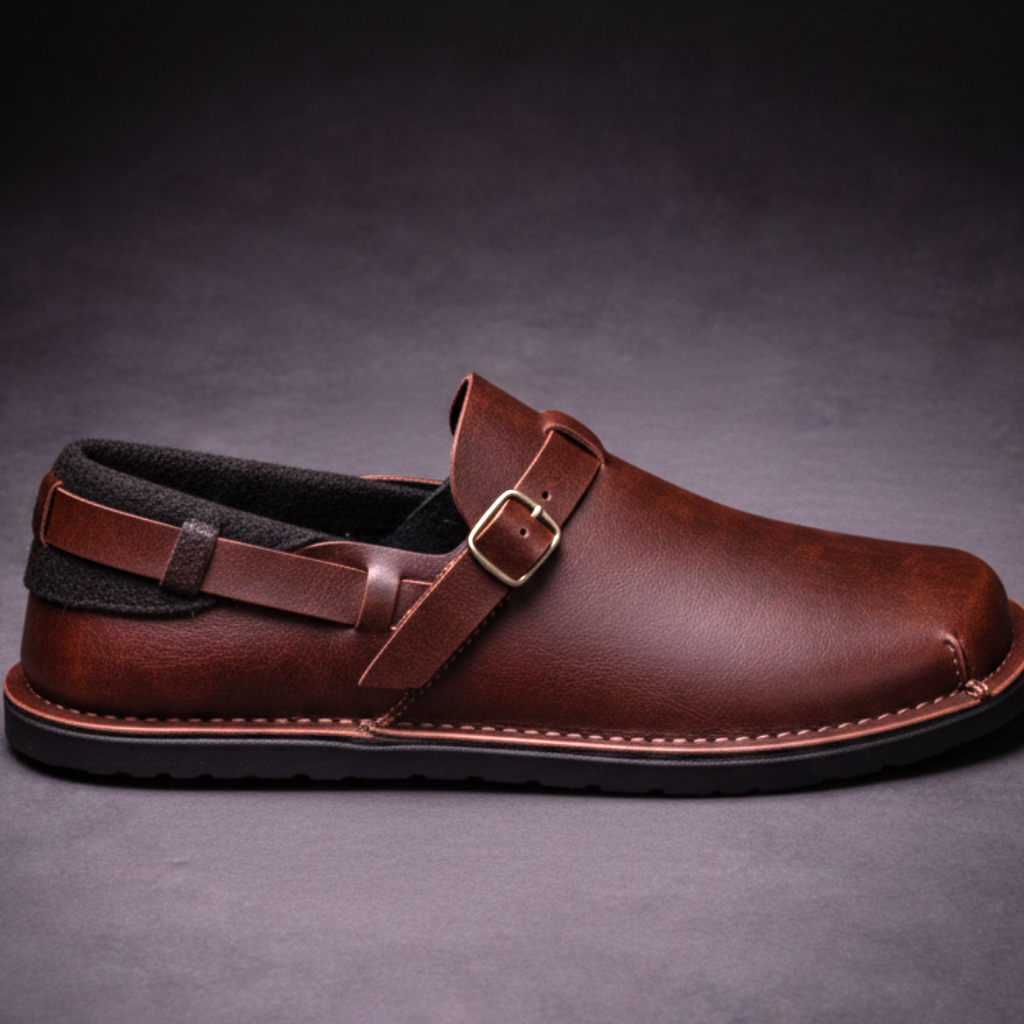 Brown leather loafer with buckle strap and cushioned black lining