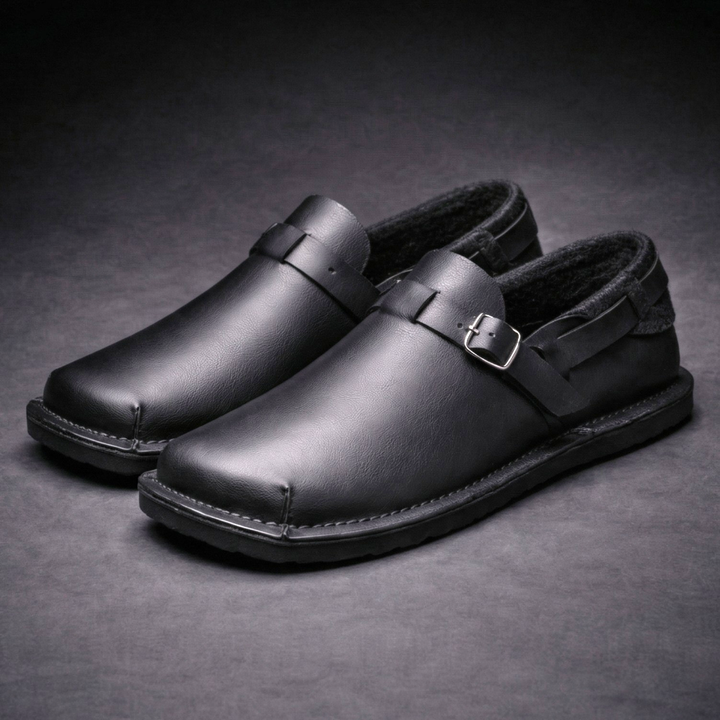 Black leather loafer with metal buckle strap and stitched moc toe detail