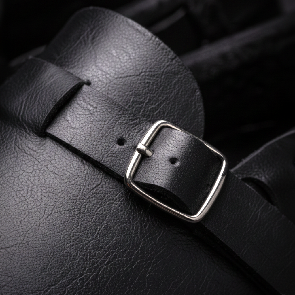 Black leather loafer close-up: square buckle on adjustable strap