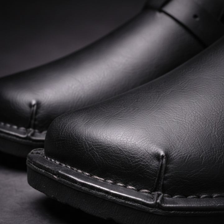 Black leather loafer close-up: rounded toe and stitched edge detailing
