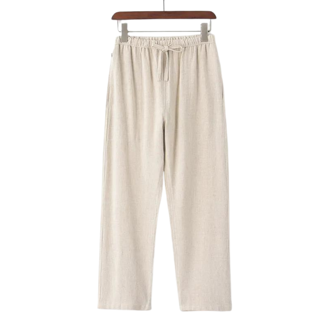 Beige linen pants with elastic waistband and tie drawstring, straight relaxed legs