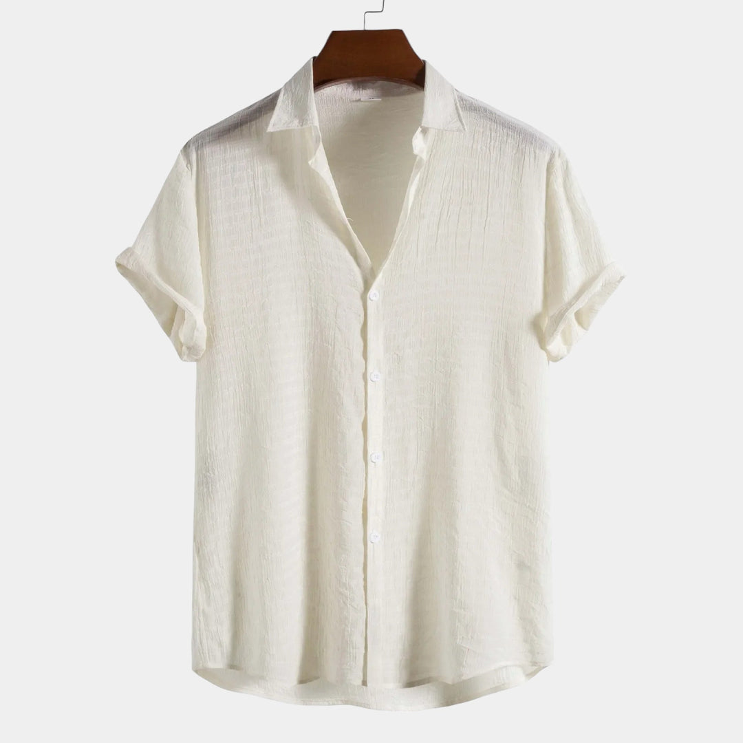 Light beige short-sleeve summer shirt with pointed collar and button-front placket