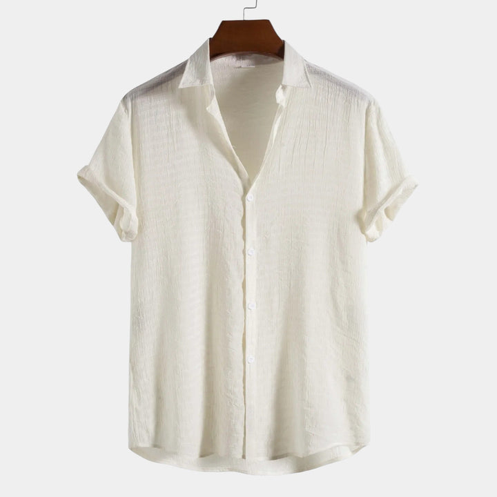 Light beige short-sleeve summer shirt with pointed collar and button-front placket