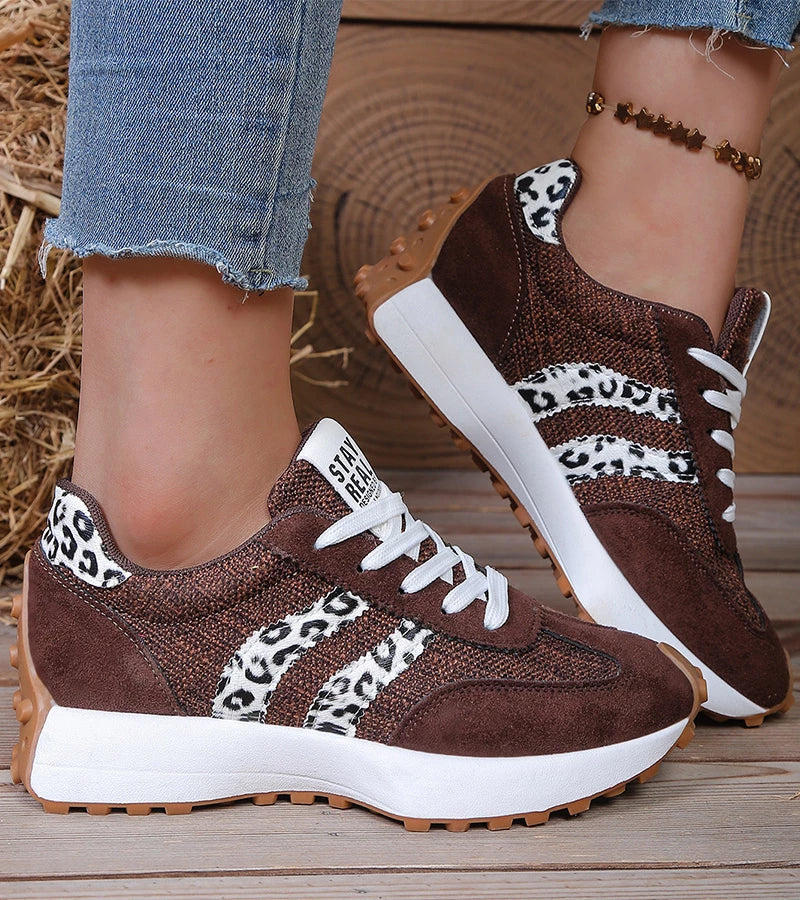 Retro lace-up sneakers with leopard panels, dark brown suede, white soles