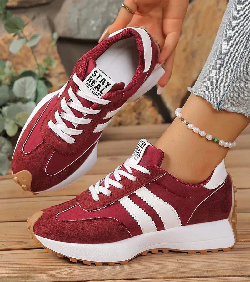 Women’s retro lace-up sneakers, red suede with white laces and cushioned sole