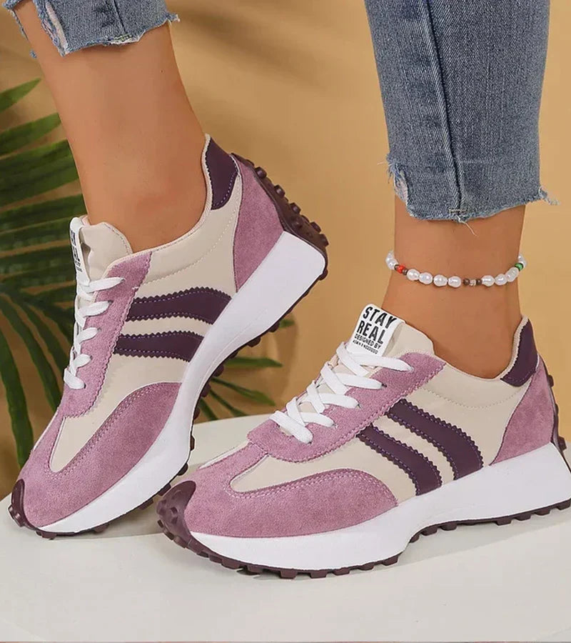 Women’s retro lace-up sneakers, purple and cream with white laces and tread sole