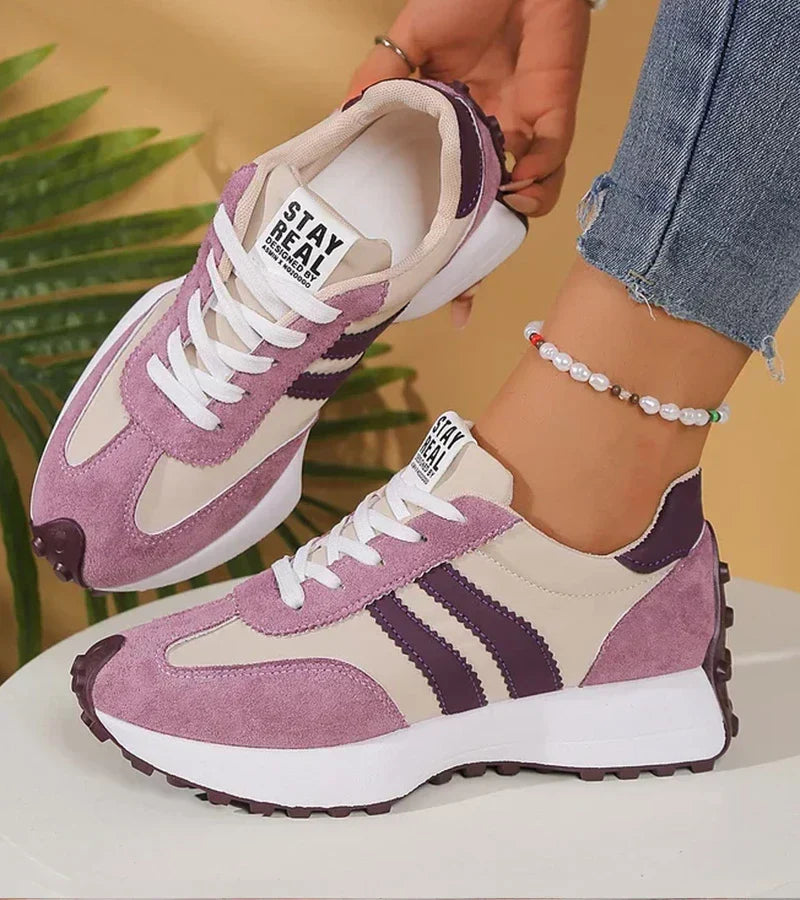 Women’s retro lace-up sneakers, purple and white striped design with thick sole