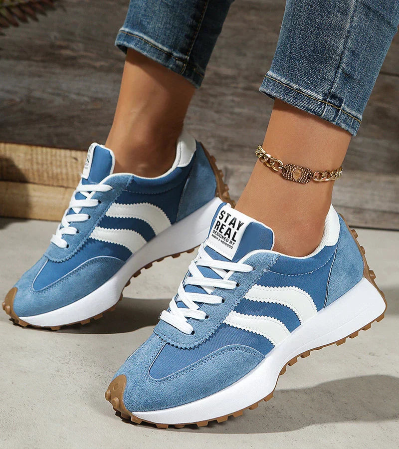 Women’s retro lace-up sneakers, blue suede with white stripes and rubber tread