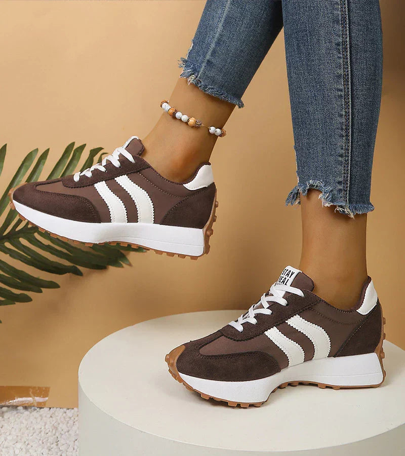 Women’s retro lace-up sneakers, dark brown suede with white stripes and rubber tread