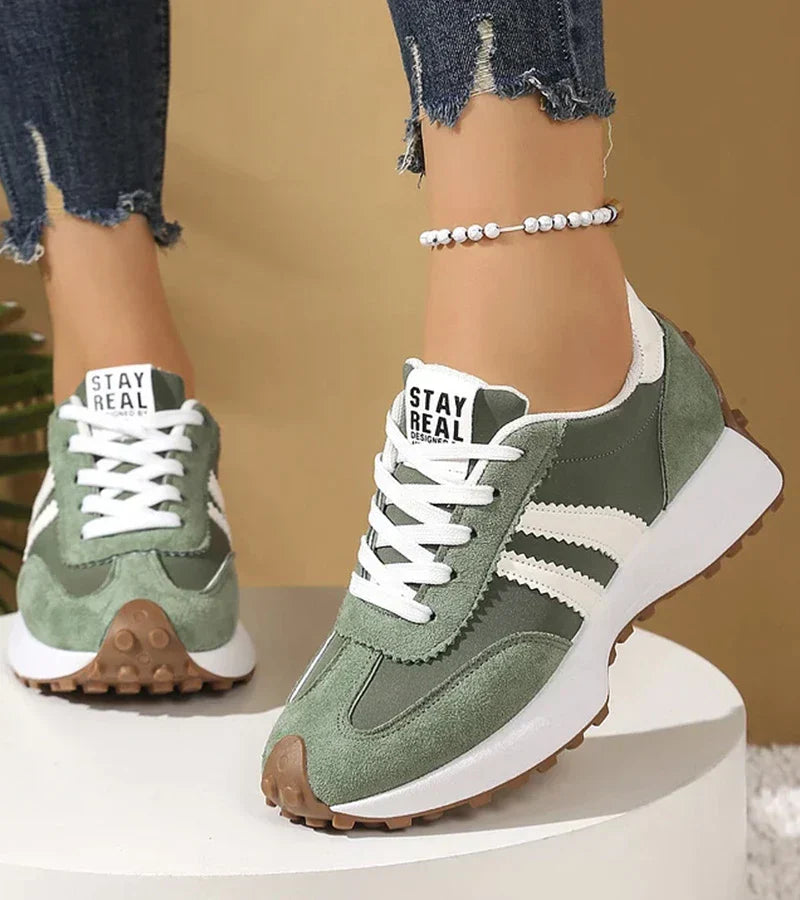 Women’s retro lace-up sneakers, green suede with white stripes and chunky sole
