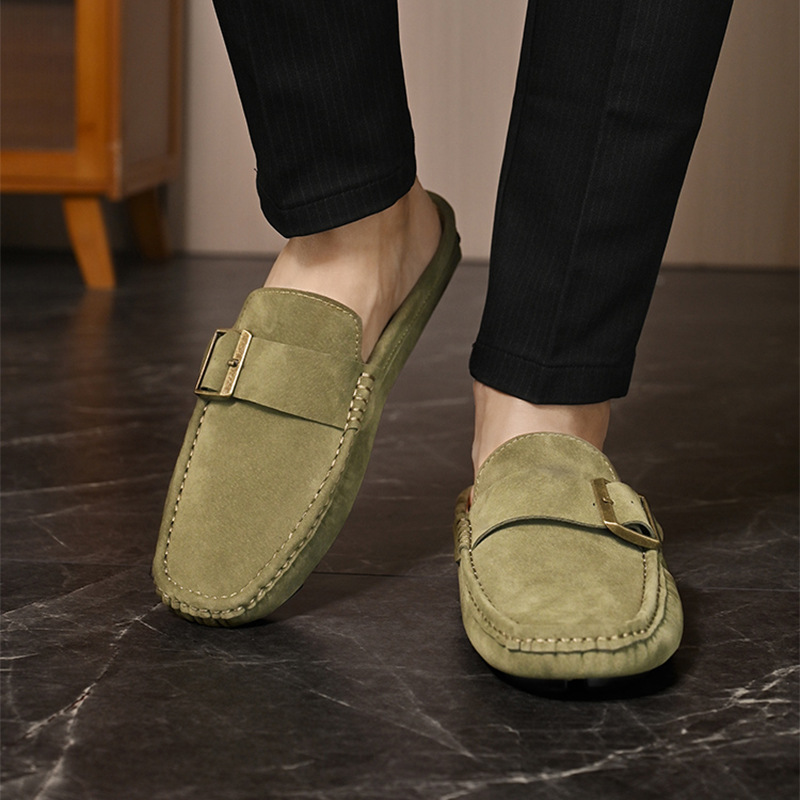 Olive suede loafers pair, front view with square metal buckle detail