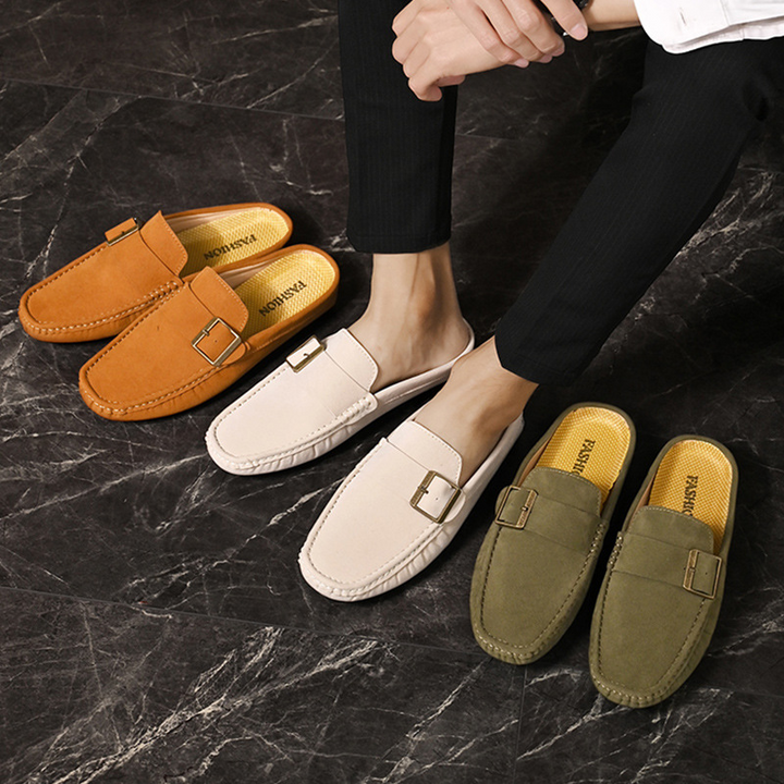 Suede slip-on loafers in tan, cream, and olive green with gold buckle straps