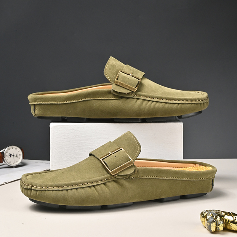 Olive suede loafers with square metal buckle and stitched penny-style vamp