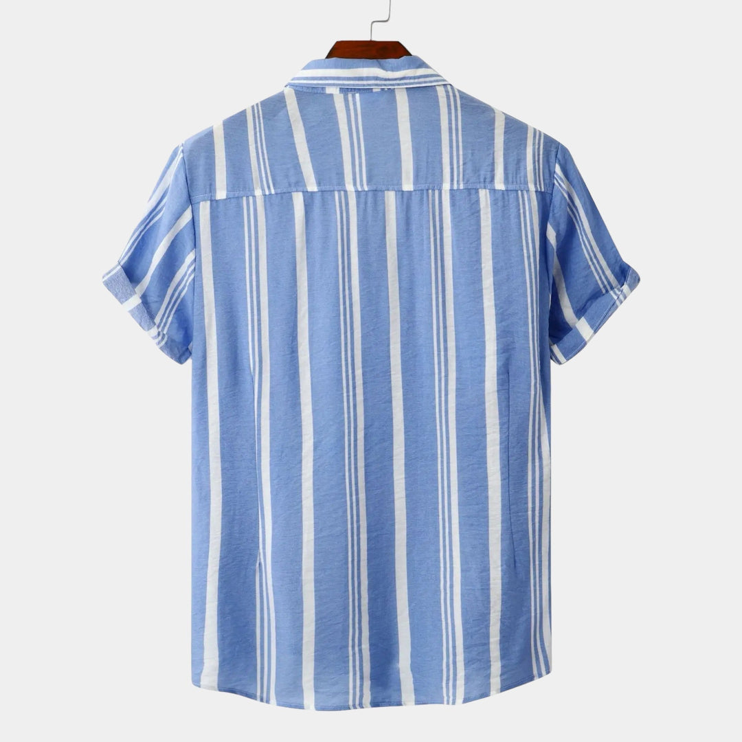 Light blue short-sleeve striped shirt, back view, with white vertical stripes