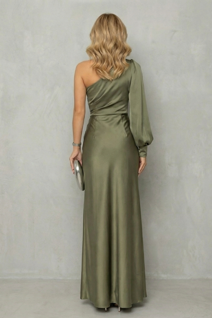 Olive green one-shoulder slit maxi dress, ruched back and long skirt with front slit