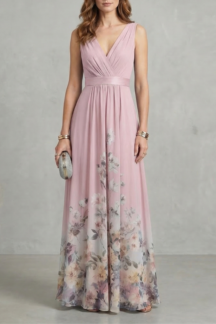Light pink floral maxi dress, V-neck sleeveless with empire-like gathered waist