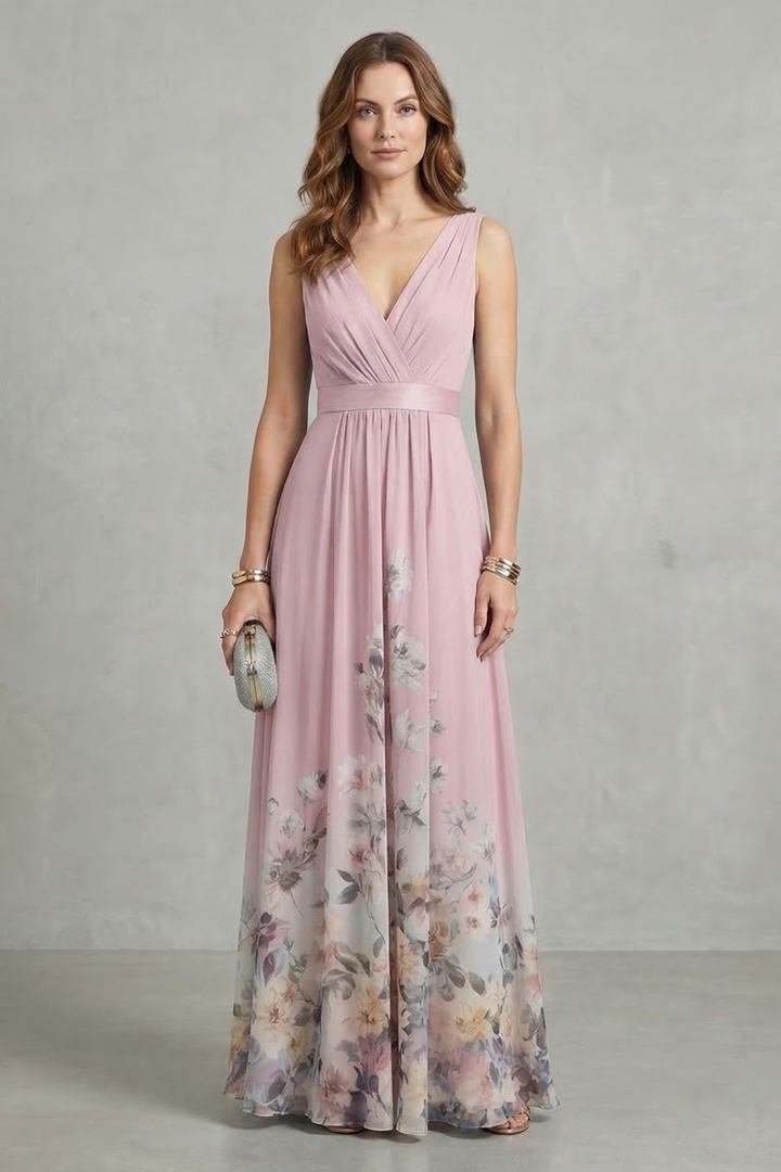 Blush pink floral maxi dress with V-neck crossover bodice and gathered skirt