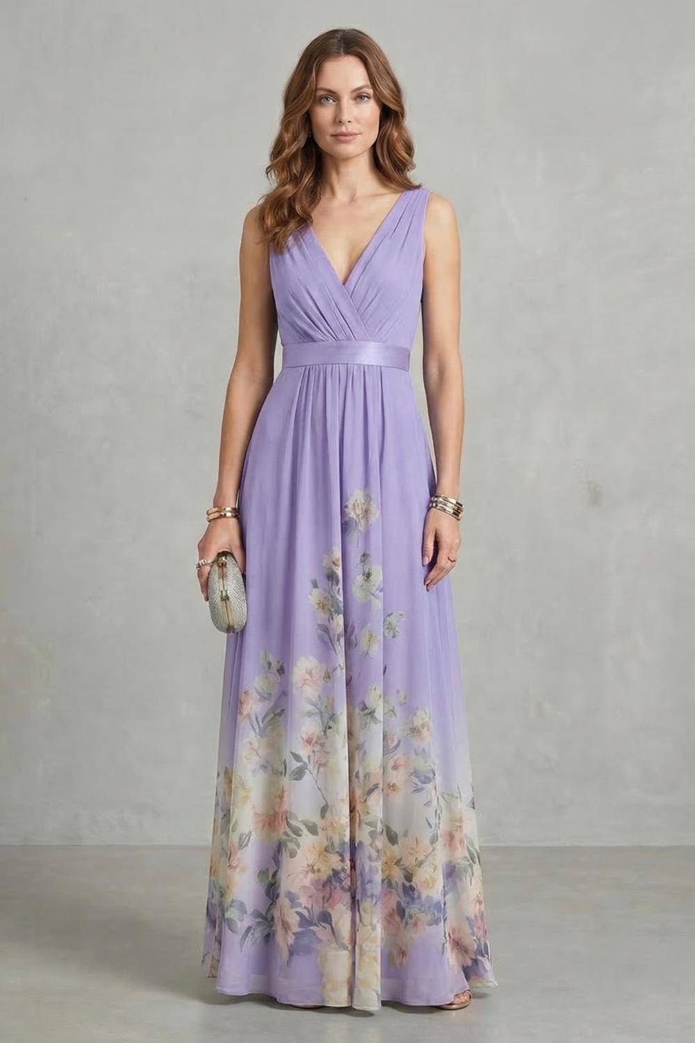 Lavender floral maxi dress with V-neck wrap top and flowing sleeveless skirt