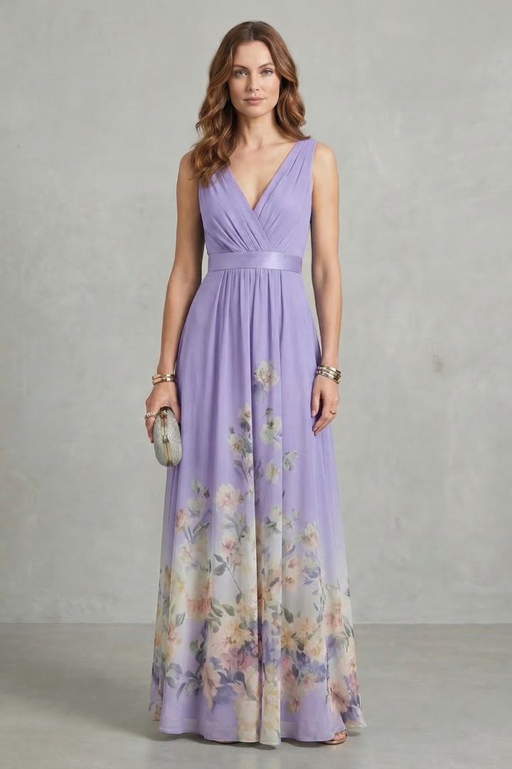 Lavender floral maxi dress with V-neck wrap top and flowing sleeveless skirt