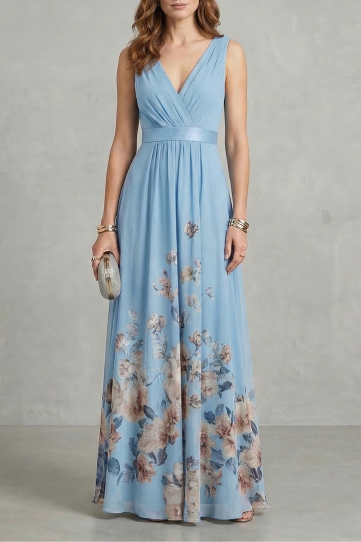 Light blue floral maxi dress, V-neck sleeveless with gathered waist