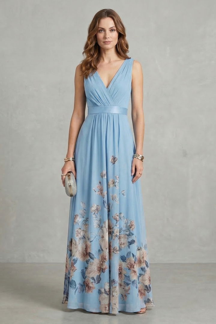 Light blue floral maxi dress with V-neck wrap bodice and sleeveless skirt