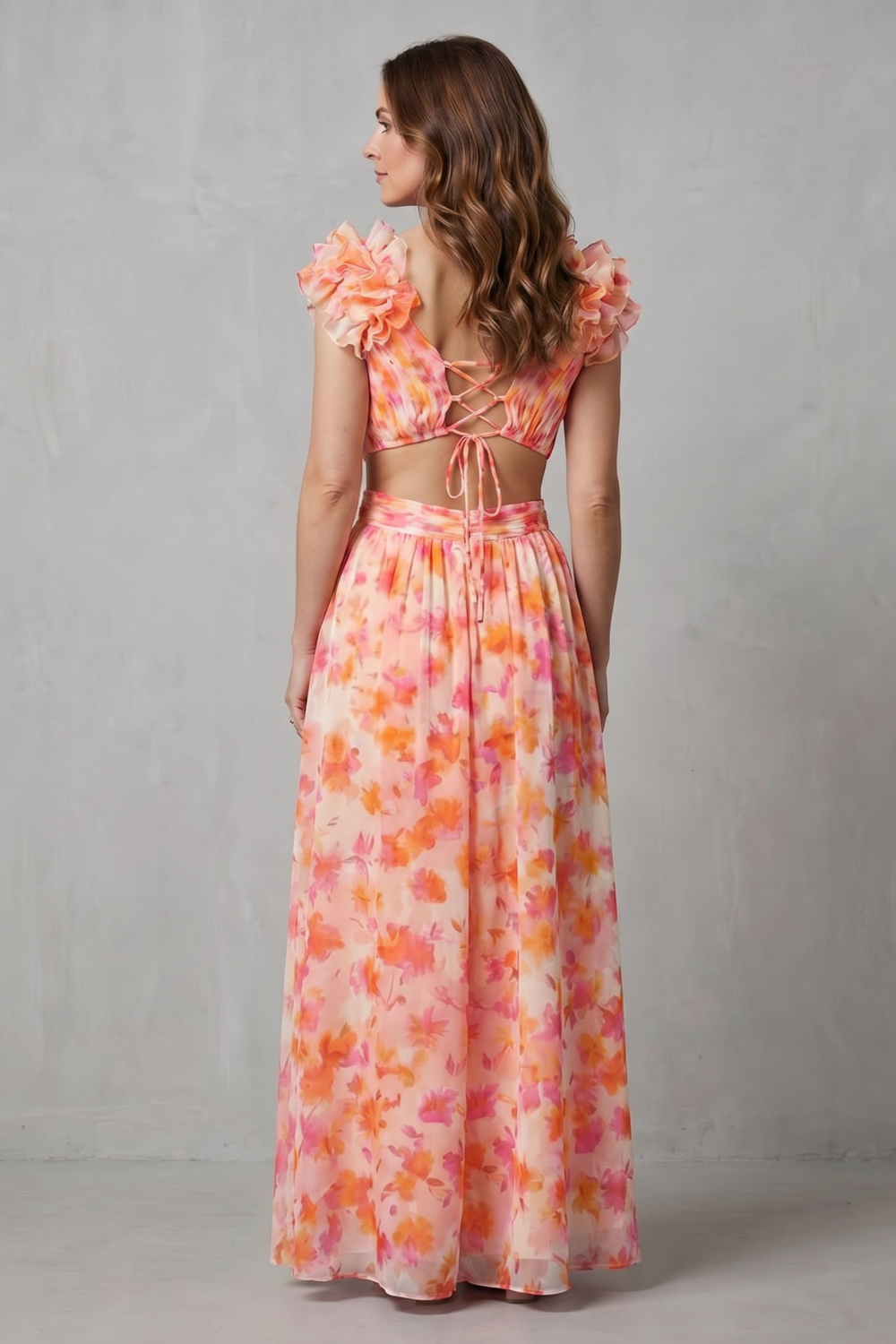 Floral maxi dress, ruffled shoulder straps and back waist tie, pink-orange print