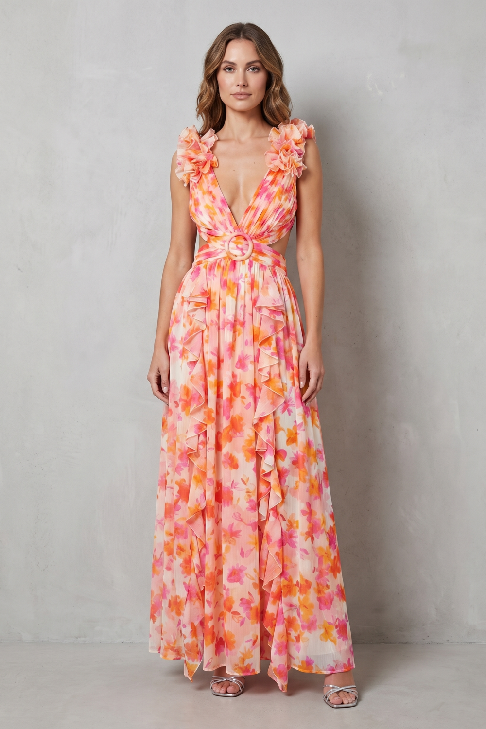 Floral maxi dress with ruffle sleeves and deep V-neck, gathered waist, pink-orange print
