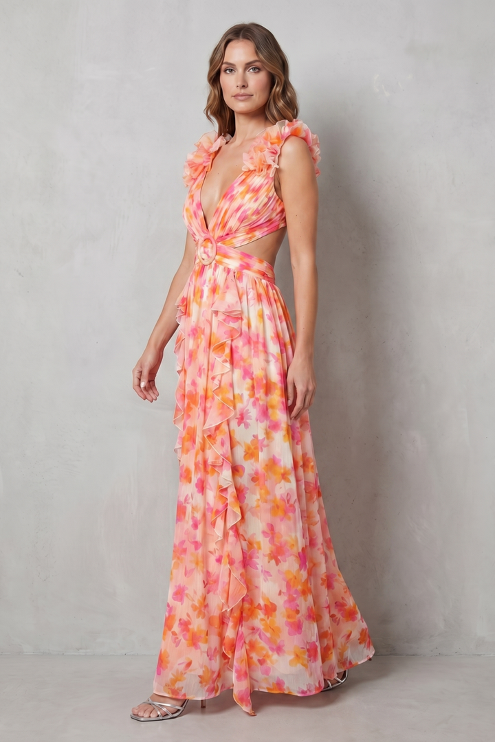 Floral maxi dress with ruffle sleeves and V-neck, wrap-style waist, pink-orange floral